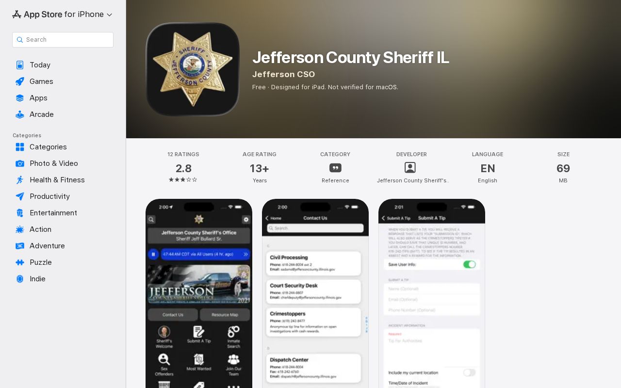 Jefferson County Sheriff IL app listing for current arrest custody access