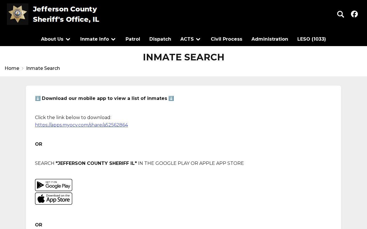 Jefferson County Sheriff inmate-search page directing visitors to the app
