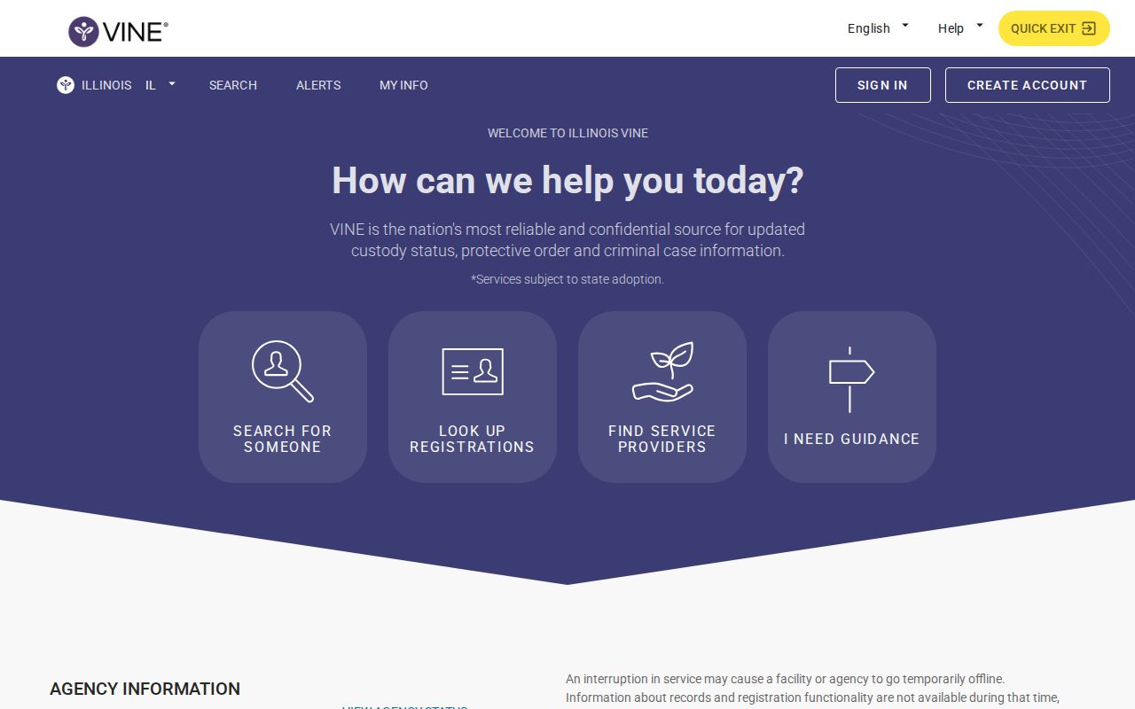 Illinois VINELink screen for a Jefferson County custody status search